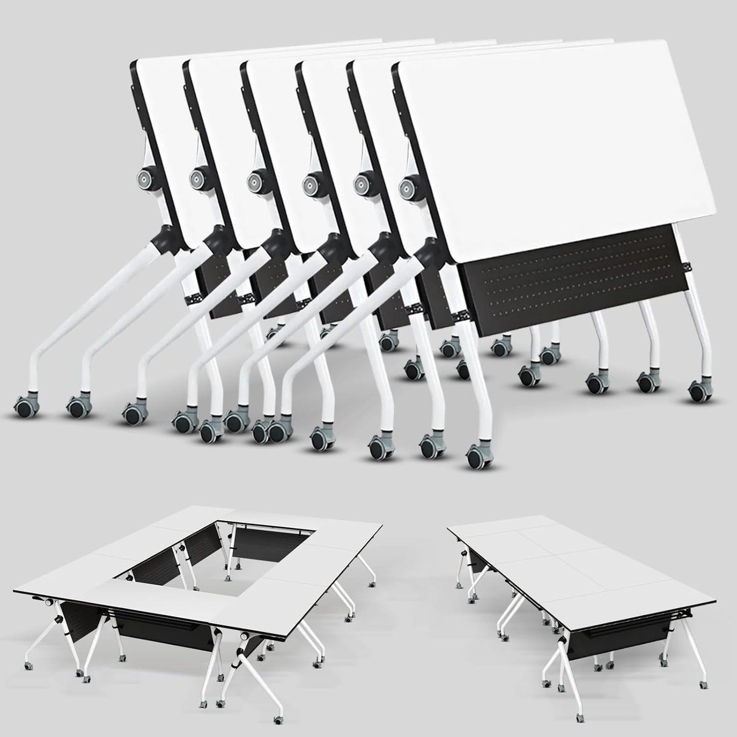 Conference Table, Folding Conference Room Tables, Mobile Training Tables with Silent Wheels, Large Rectangular Modular Seminar Table Office Computer Desks for Classroom White (6Pack L70.9in)