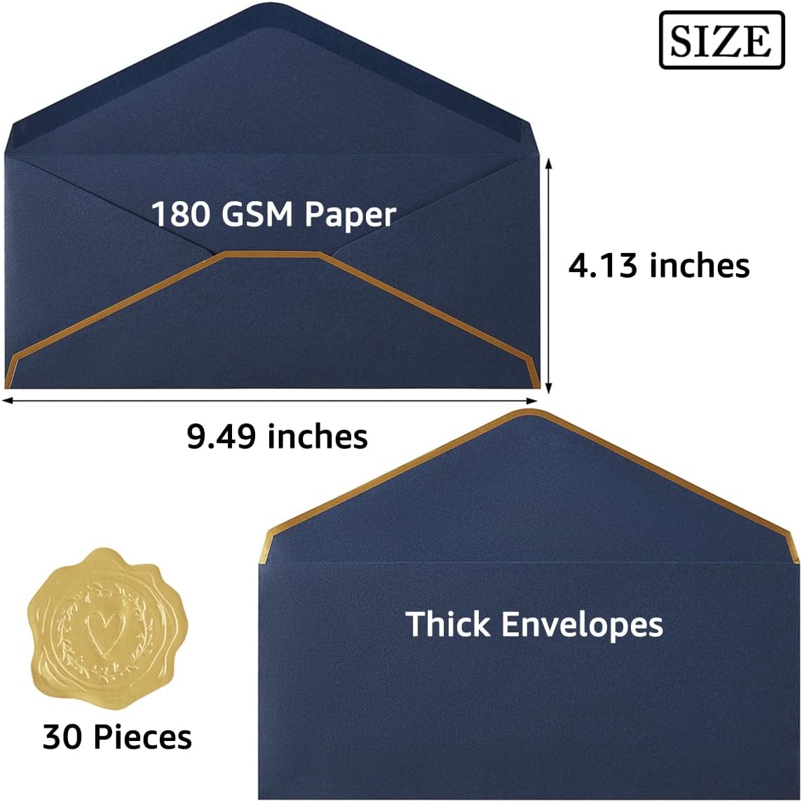 30 Pack Thick #10 Business Envelopes with Gold Border, 4 1/8 x 9 1/2 Thick Paper Standard Envelopes with Stickers for Office, Checks, Letter Mailing, Invoices (Navy Blue)