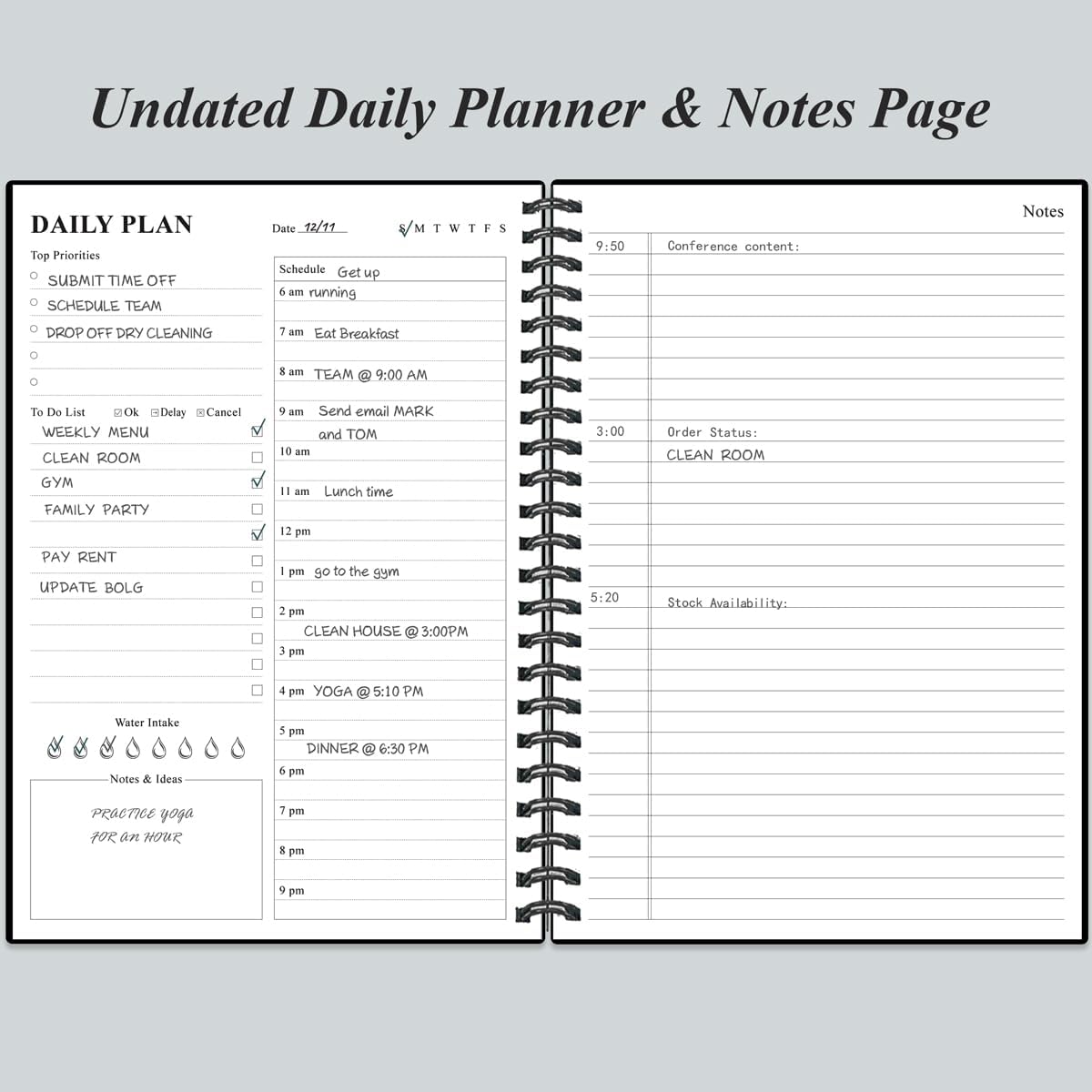 Daily Planner Undated - B5 To Do List Notebook Hourly Schedules, Spiral Appointment Planner for Women and Men, PVC Hardcover, Inner Pocket, Elastic Closure, 7" x 10", Black