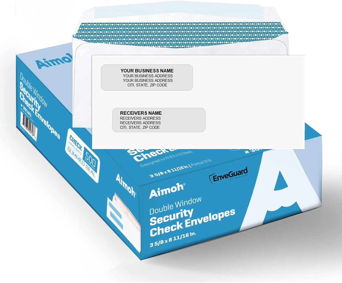 Aimoh 500#8 Double Window Gummed Security Envelopes - for Business Checks, QuickBooks & Quicken Checks, Size 3 5/8 x 8 11/16 Inches - Checks Fit Perfectly - Not for Invoices, 500 Count (30181)