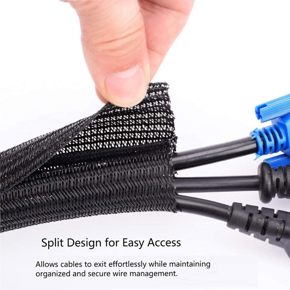 3/4" 25ft Expandable Braided Cable Sleeve Split Wire Loom Tubing – Pet-Proof Cord Protector for USB, Power Cords, Audio/Video Cables – Durable Wire Management Sleeving Black