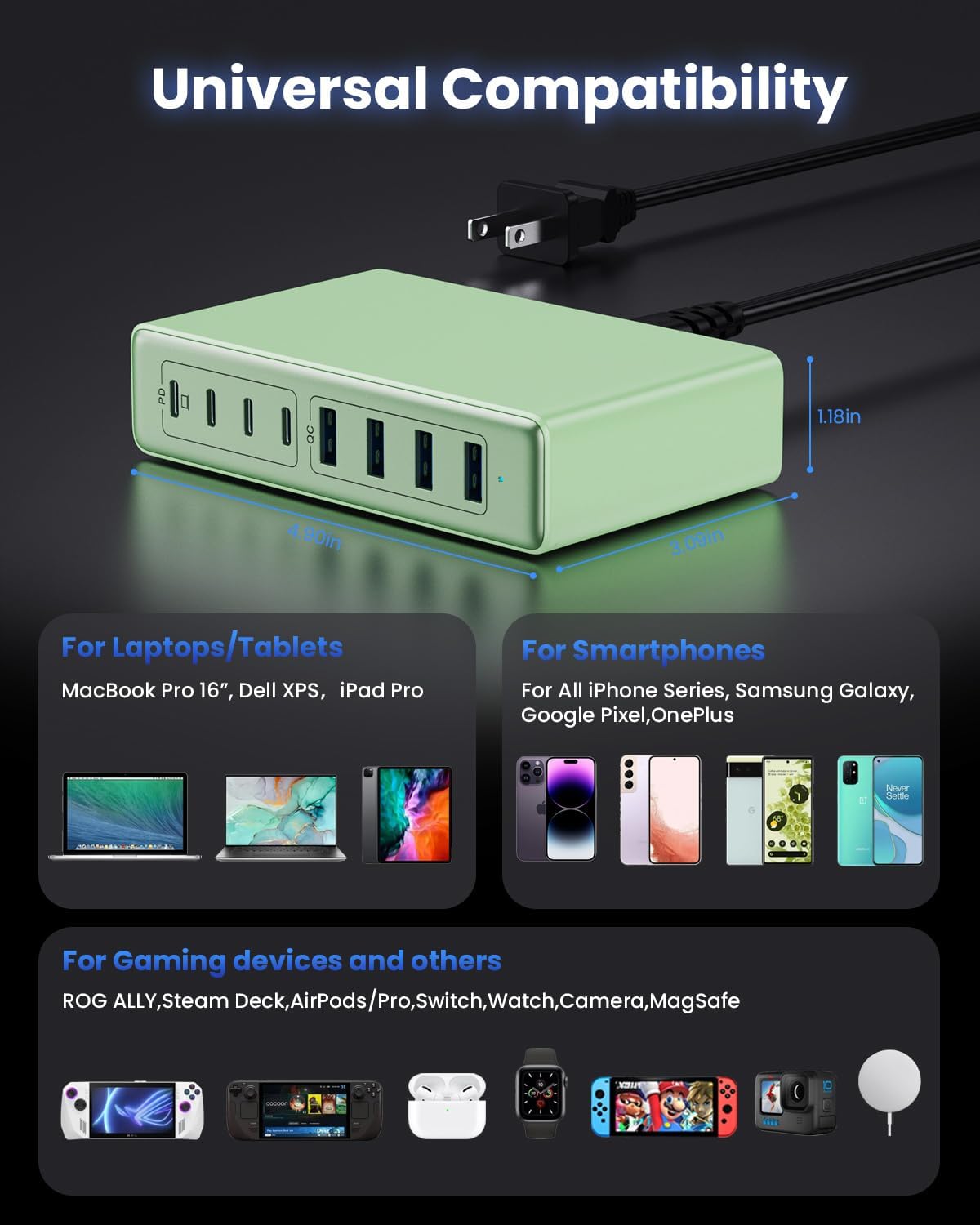 200W USB C Charger Block,8-Ports GaN III Fast Charging Station Hub,QC4.0+PD 65W Laptop Charger Wall Chargers Power Adapter for MacBook Pro/Air,DELL,Steam Desk,iPhone 16/15,iPad,Galaxy S25,Pixel-Green