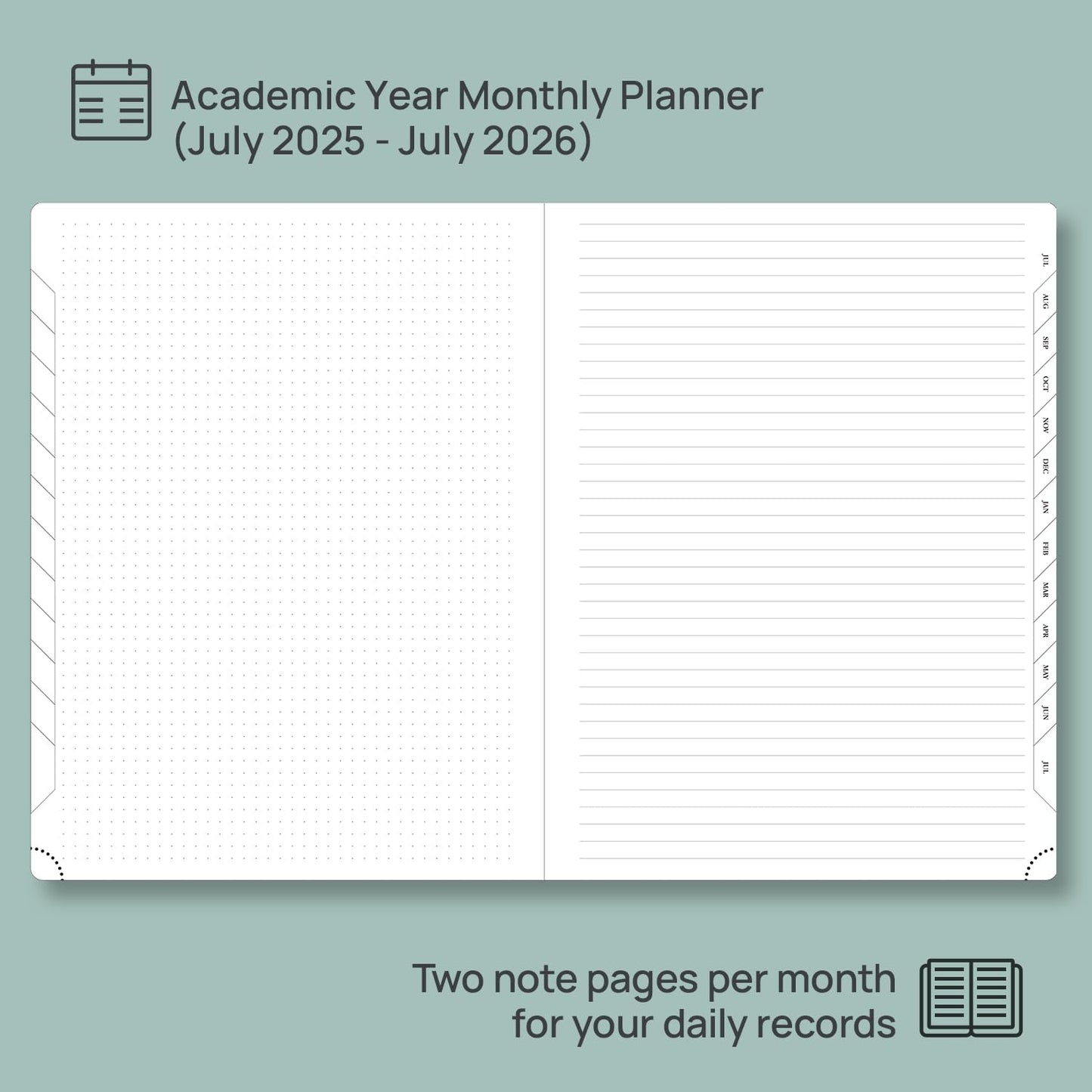 POPRUN Monthly Planner 2025-2026, 8.5'' x 11.25'', 13-Monthly Calendar (July 2025-July 2026) 15-Minute Hourly Appointment Book with Stair Tabs, Soft Cover, 100GSM Paper - Pacific Green