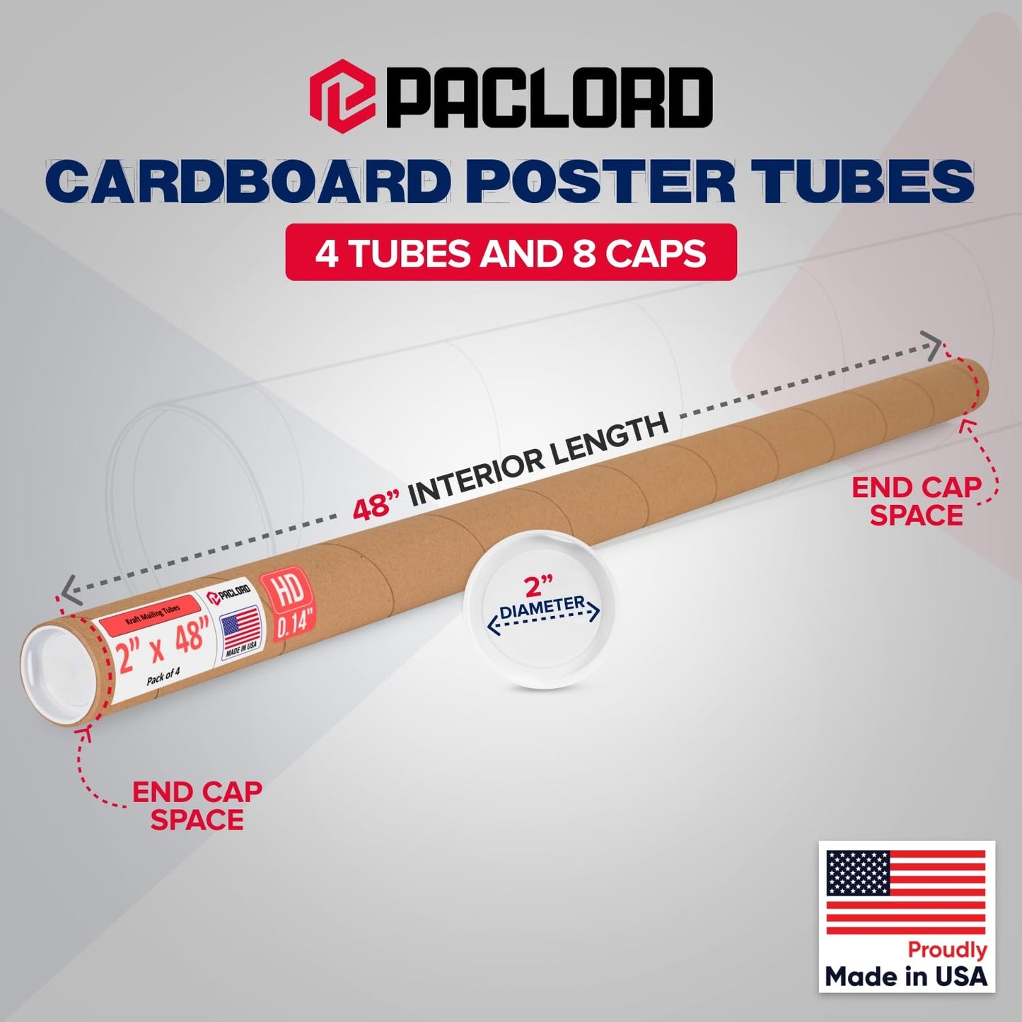 2" x 48" Heavy-Duty Reinforced Cardboard Mailing Tube, Pack of 4 Tubes with 8 Caps – Secure USPS Approved – Great for Shipping and Storing of Prints, Artwork, Posters or Documents