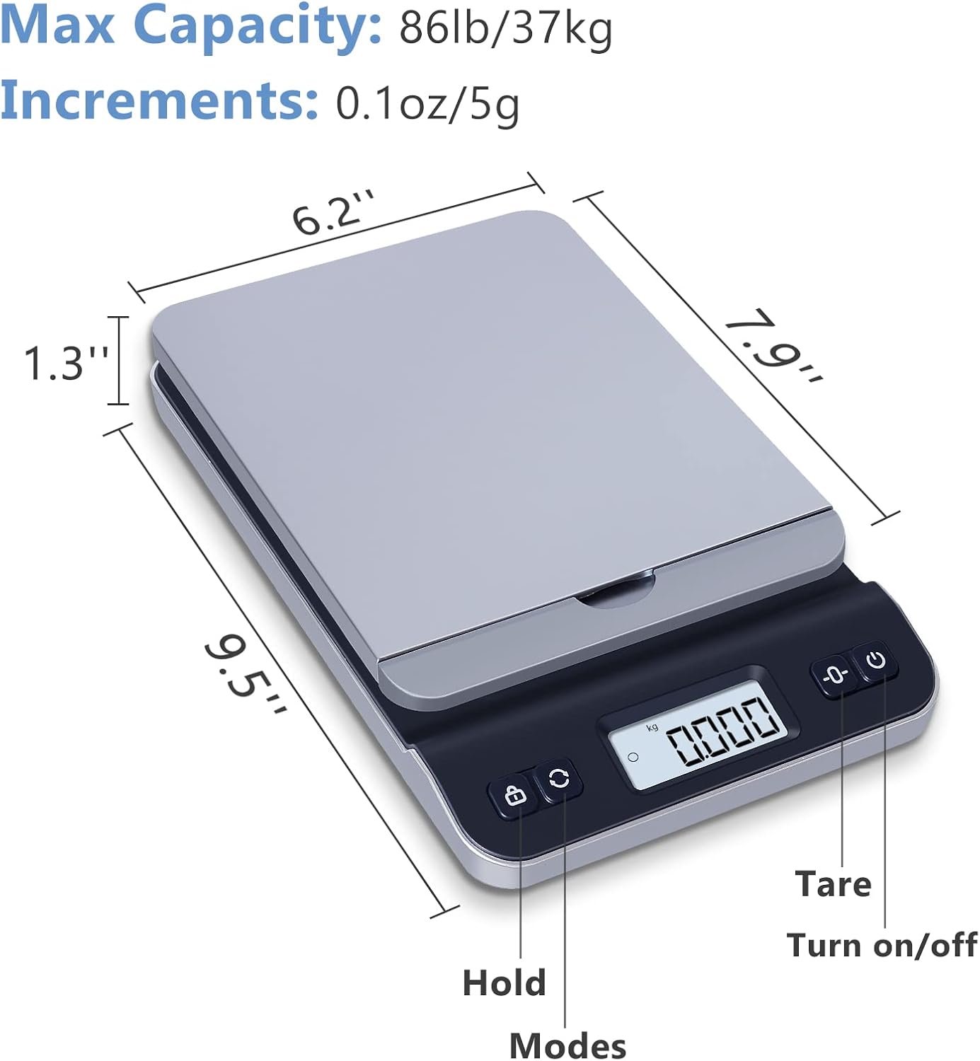 QP Shipping Scale, 86lb/0.1oz High Accuracy Digital Postal Scale for Packages, Hold/Tare Function, Backlit LCD Display, Flip-up Holder, Postage Scale, Mail Scale, Battery & Tape Measure Included