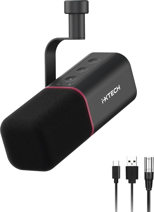 IXTECH Cardioid Dynamic Microphone with Mic Cover, Vocal USB XLR Microphone for Podcasting, Streaming, Recording, Gaming and Voice-Over (Black)