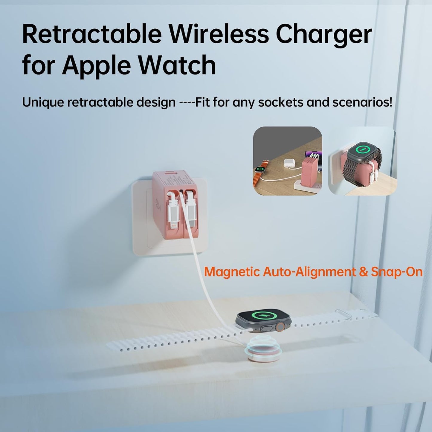 Apple Watch Charger Travel Essentials, 5 in 1 Travel Charging Station for Apple Devices, Retractable Wall Charger with 3*3.2ft Retractable Cables, Fast Charger Block for Apple Gear (White)