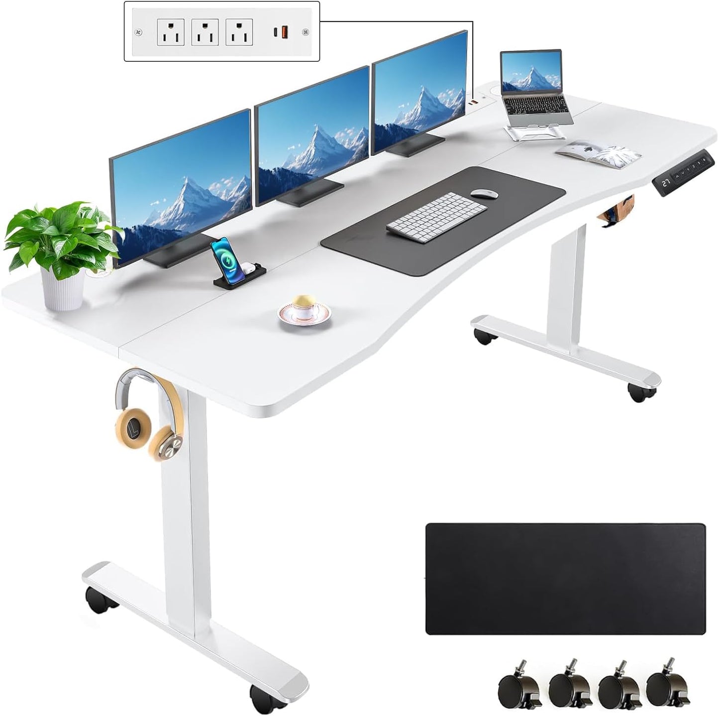Electric Standing Desk 63 x 24 Inches Adjustable Height Ergonomic Sit Stand Up Desk Curved for Home Office Computer Workstation with 2 USB Ports 3 Power Outlets Memory Preset Wheels, White