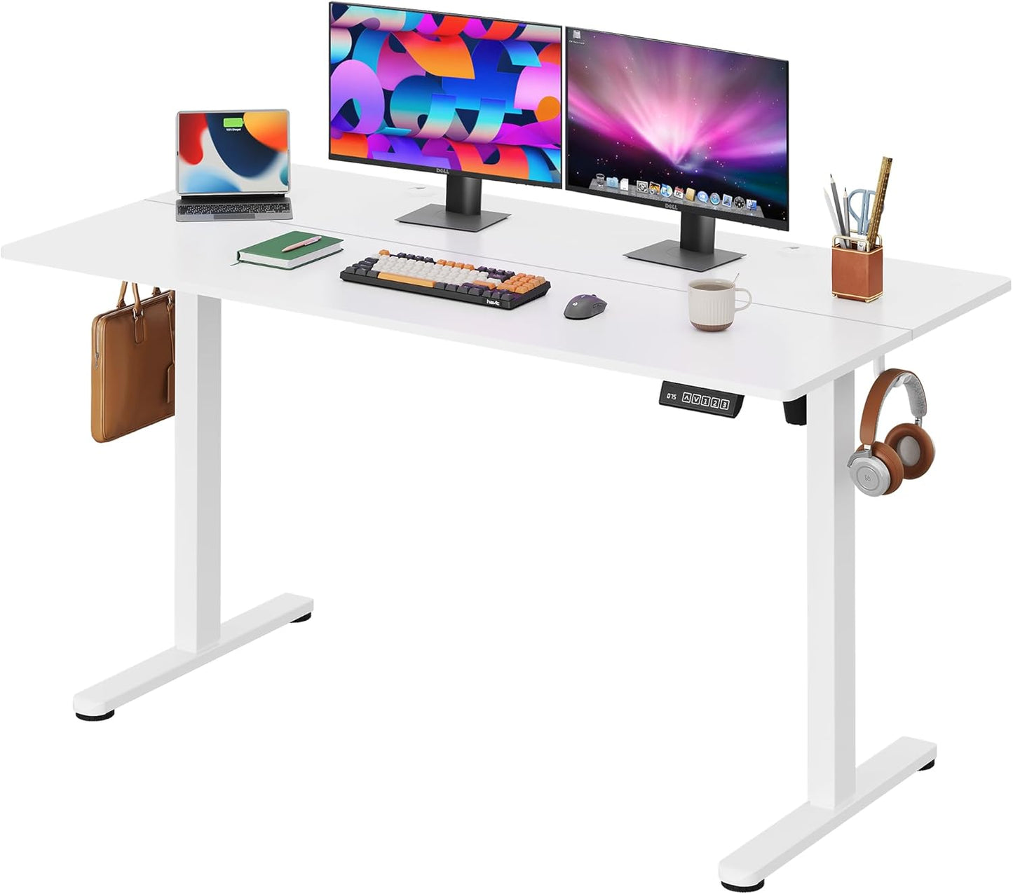 DEVAISE 55 Inch Electric Standing Desk, 3 Adjustable Height Stand up Desk for Home Office, Ergonomic Sit to Stand Desk with LED Touchscreen, Headphone Hook, 3 Memory Preset Computer Desk (White)