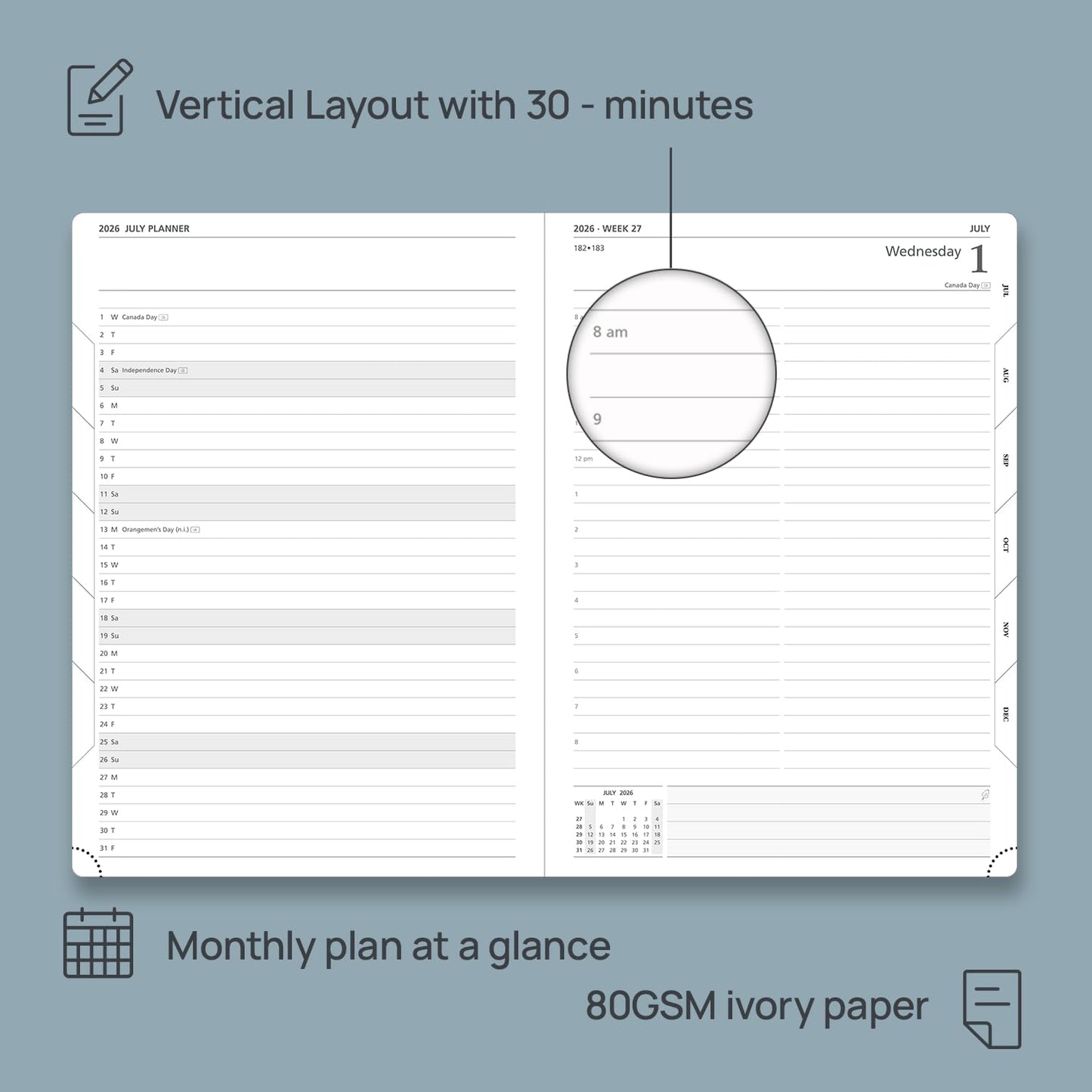 POPRUN 2026 Daily Planner One Page Per Day Even Weekends A4 Large Size (8.5" x 12") - 12 Months Calendar Hourly Appointment Book with Inner Pocket, Pen Holder, Hardcover - Pacific Green