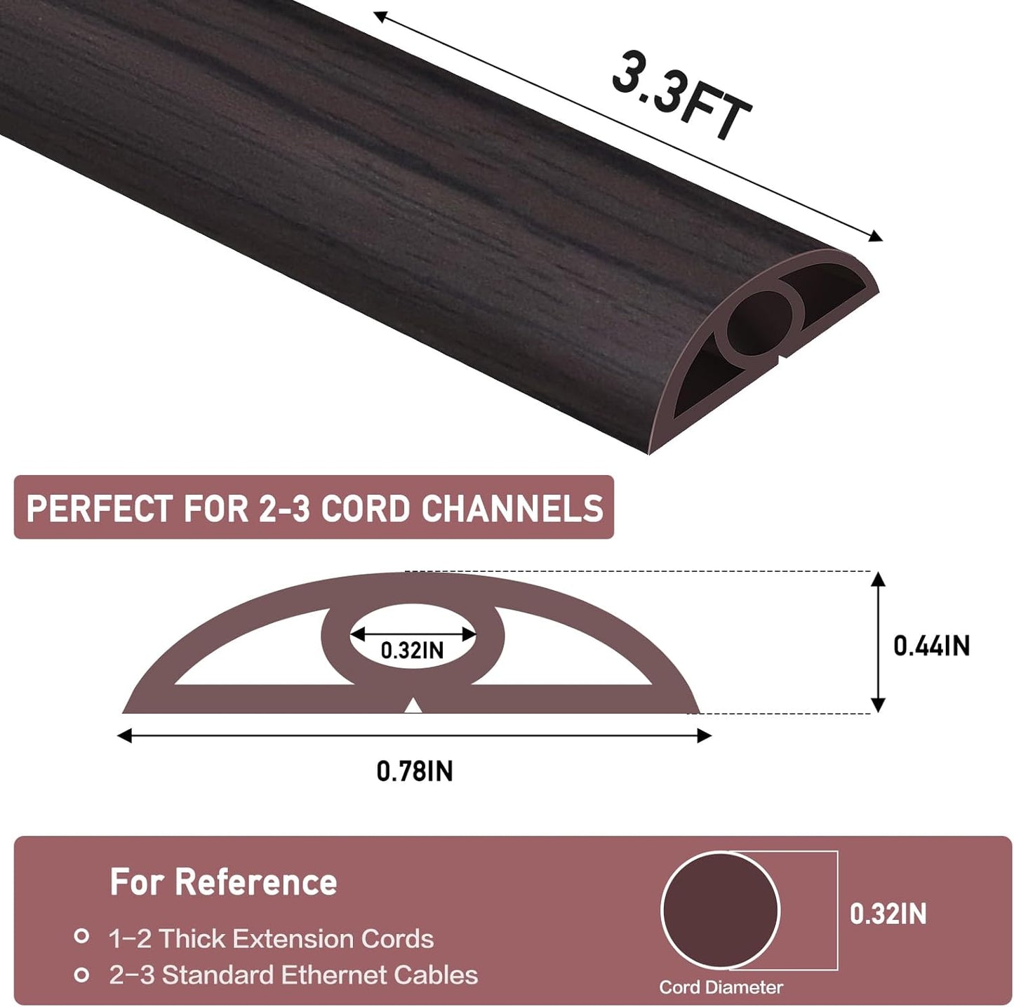 Floor Cord Cover Self Adhesive Cord Hider Floor Extension Cord Covers for Floor Power Cord Protector Cable Management Prevent Cable Trips Cable Cavity 0.32" W x 0.32" H (Dark Walnut, 3.3Ft)