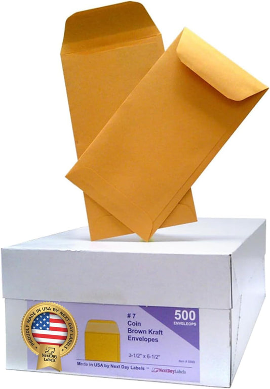 NextDay Labels #7 Coin Envelopes - 500-Pack Brown Kraft Gummed Money Envelopes for Cash, Coins, Jewelry, or Small Parts - Durable Brown Kraft Paper Cash for Home, Office, or Business Use - Made in USA