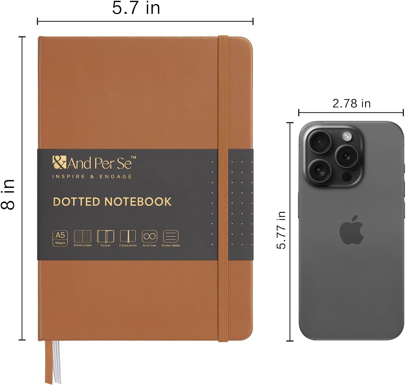 &And Per Se Dotted Journal Notebook, A5 Hardcover Leather Journal, 160 Pages 100 gsm Thick Dotted Paper，3 Sheets of Stickers Included - 5.7'' x 8''(Light Brown)