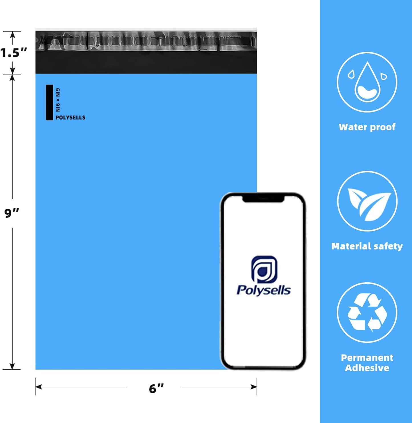 POLYSELLS 100 pcs 6x9 Inches Blue Poly Mailers Shipping Envelopes, Strong Adhesive Sealing, Waterproof, and Tear-resistant Postal Mailing Bags for Clothing, Books, and Accessories