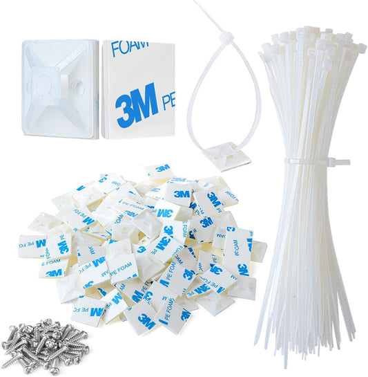 200pcs 3/4" Back-Glue Self Adhesive White Strong Cable Zip Tie Mounts with 8" Ties, Screws, Outdoor Sticky Wire Fasteners Cable Clips Management Anchors Organizer Holders Squares