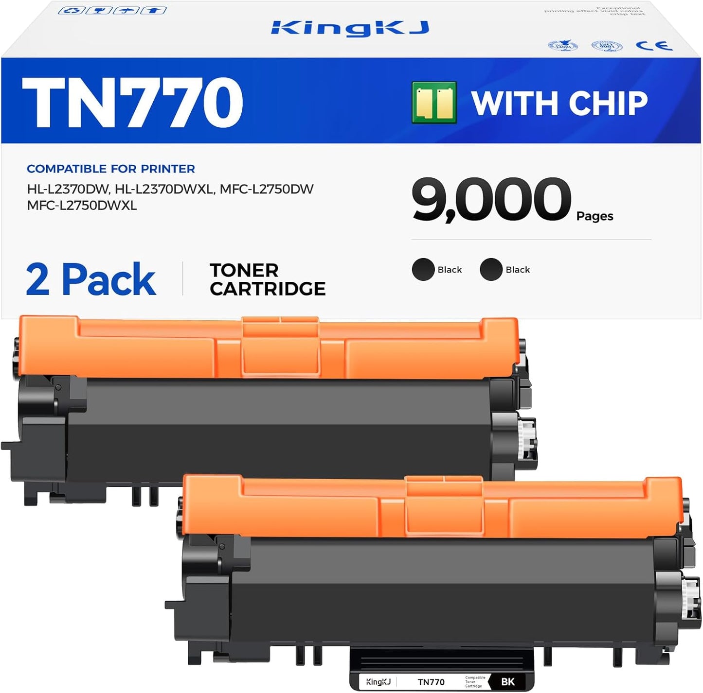 TN770 Black Toner Cartridge High Yield 2-Pack with chip Replacement for Brother TN-770 TN770 770 Toner Compatible with Brother HL-L2370DW HL-L2370DWXL MFC-L2750DW MFC-L2750DWXL Printer Ink All-in-One