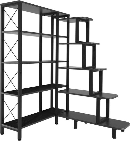 Corner Bookshelf Bookcase, Large Reversible 5 Tier Ladder Shelves Storage Display Rack with Metal Frame, Industrial Home Office Furniture for Living Room Bedroom, Black