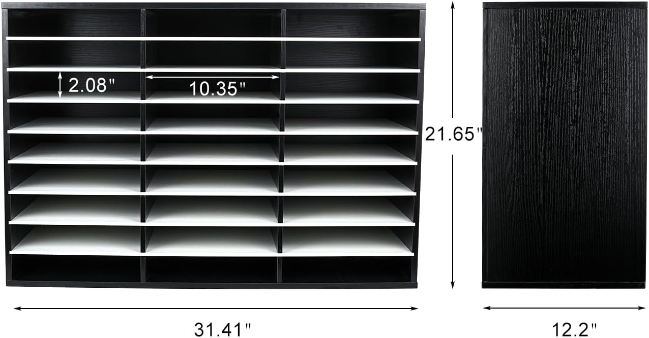 EasyPAG Mail Organizer Countertop, Wood Literature Organizer with Adjustable Shelves, Student Classroom Mailbox for School, Desktop Paper Sorter for Office Home, 27 Compartments, Black/White