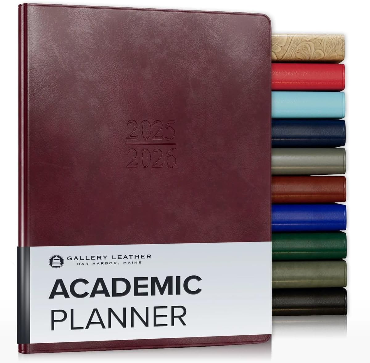 Gallery Leather Academic Planner 2025-2026, Teacher and Student Weekly Monthly Planner, Elegantly Bound Calendar with Gold-Gilded Page Edges, 18 Months - Acadia Burgundy - 9x7"