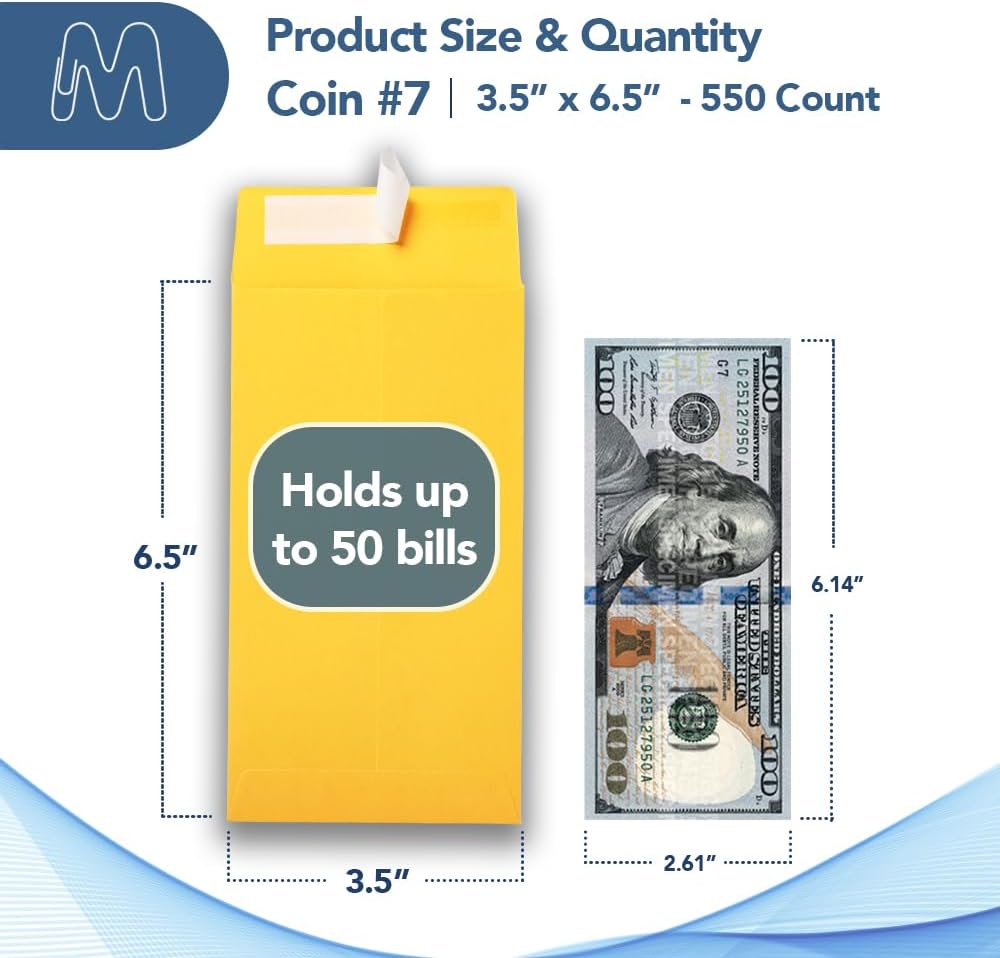 MOS #7 Gold Coin Envelopes 3.5 x 6.5 Inch 550 Pack — Self-Seal Yellow Money Envelopes for Cash, Budgeting, Savings Challenges, Seed Storage, Small Parts