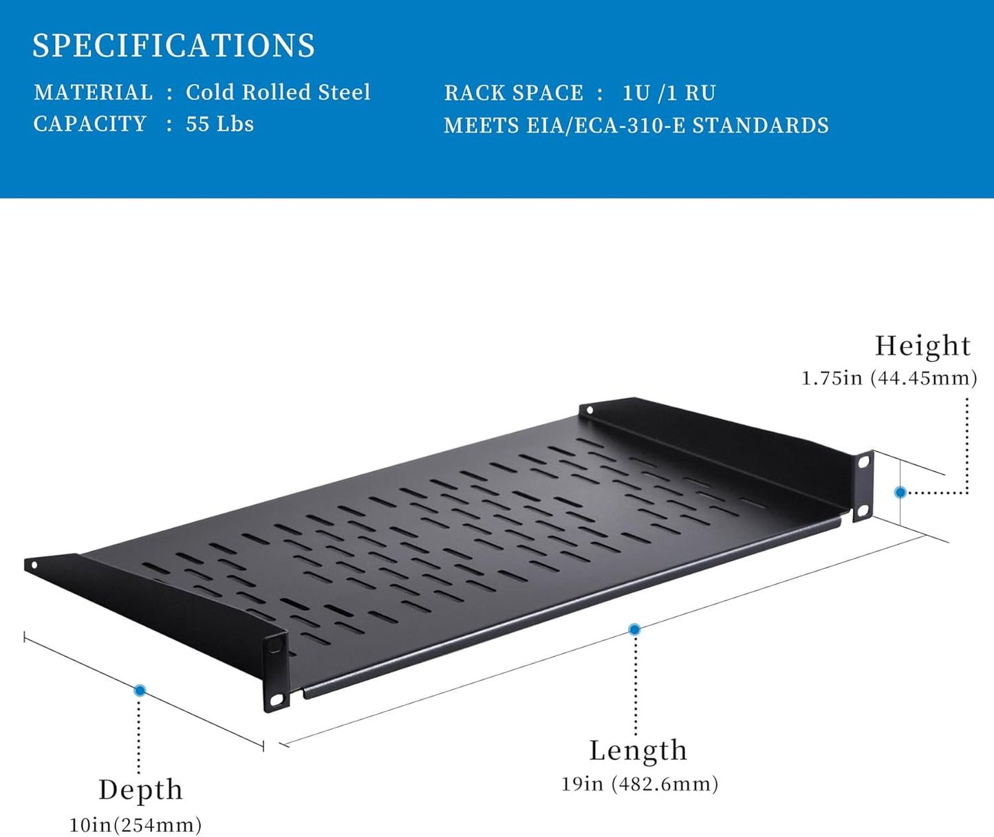 RackPath 1U Cantilever Universal Rack Shelf - 10in Deep – Rackmount Shelf for 19’’ AV/Network Equipment Racks – 55lbs Capacity - 2Pack