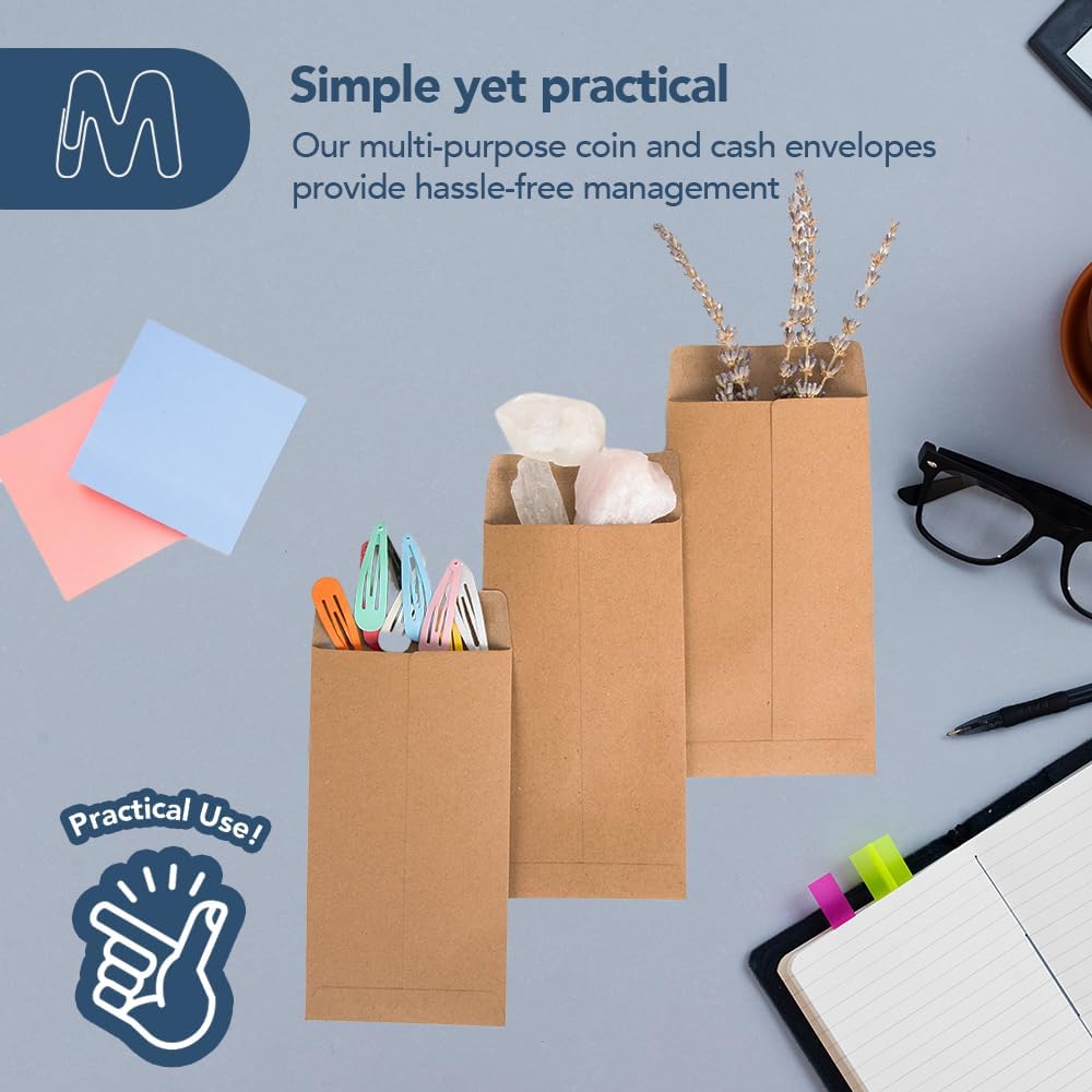 MOS #7 Brown Coin Envelopes 3.5 x 6.5 Inch 120 Pack — Self-Seal Kraft Money Envelopes for Cash, Budgeting, Savings Challenges, Seed Storage, Small Parts