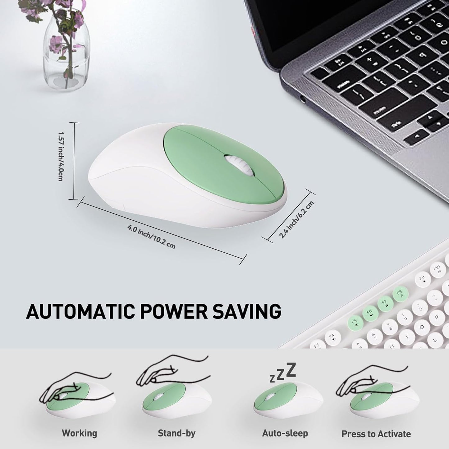 Keyboard and Mouse Wireless,2.4Ghz Retro Typewriter Style Round Keycap,Full Size Wireless Keyboard Mouse Combo,Cute Cordless Keyboard Mouse Set for PC Laptop Desktop Computer-Milk White Green Colorful