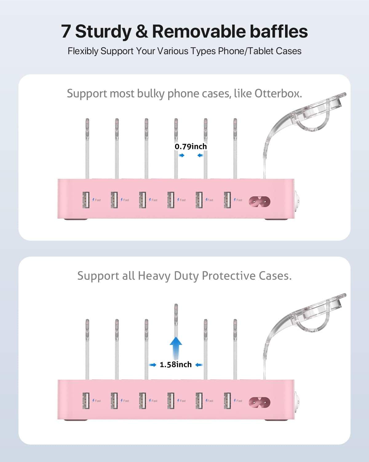 SooPii Premium 6-Port USB Charging Station Organizer for Multiple Devices, 6 Short Charging Cables and One Upgraded i-Watch Charger Holder Included, for Phones,Tablets and Other Electronics, Pink