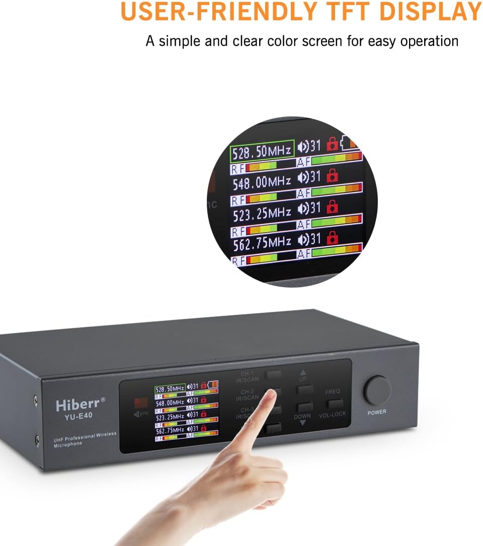 Wireless Microphone System, 4 Channels Adjustable UHF Wireless Microphone Headset Metal Shell Vocal Wireless Mic Lapel for Church, Party, Singing, SpeechYU-E40B Cordless Microphone