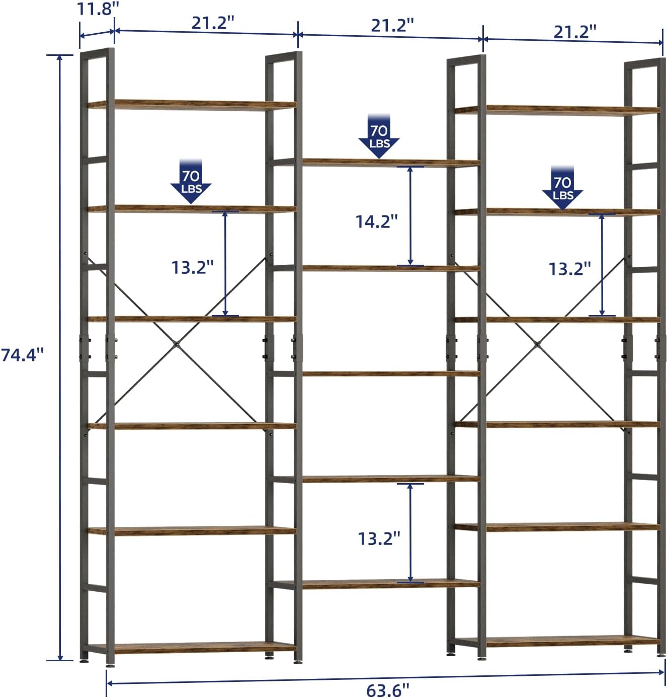 NUMENN Triple Column 6 Tier Bookshelf, Bookcase with 17 Open Display Shelves, Adjustable Rustic Industrial Style Book Shelves, Modern Bookshelves for Bedroom, Living Room and Home Office, Vintage