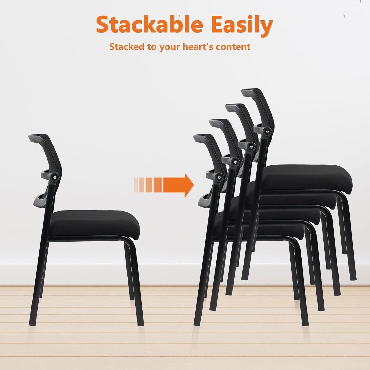 CLATINA Stacking Armless Office Waiting Room Chair with Adjustable Backrest, Stackable Mesh Guest Reception Desk Chairs with Ergonomic Lumbar Support for Conference Lobby Side School, Black, 8 Pack