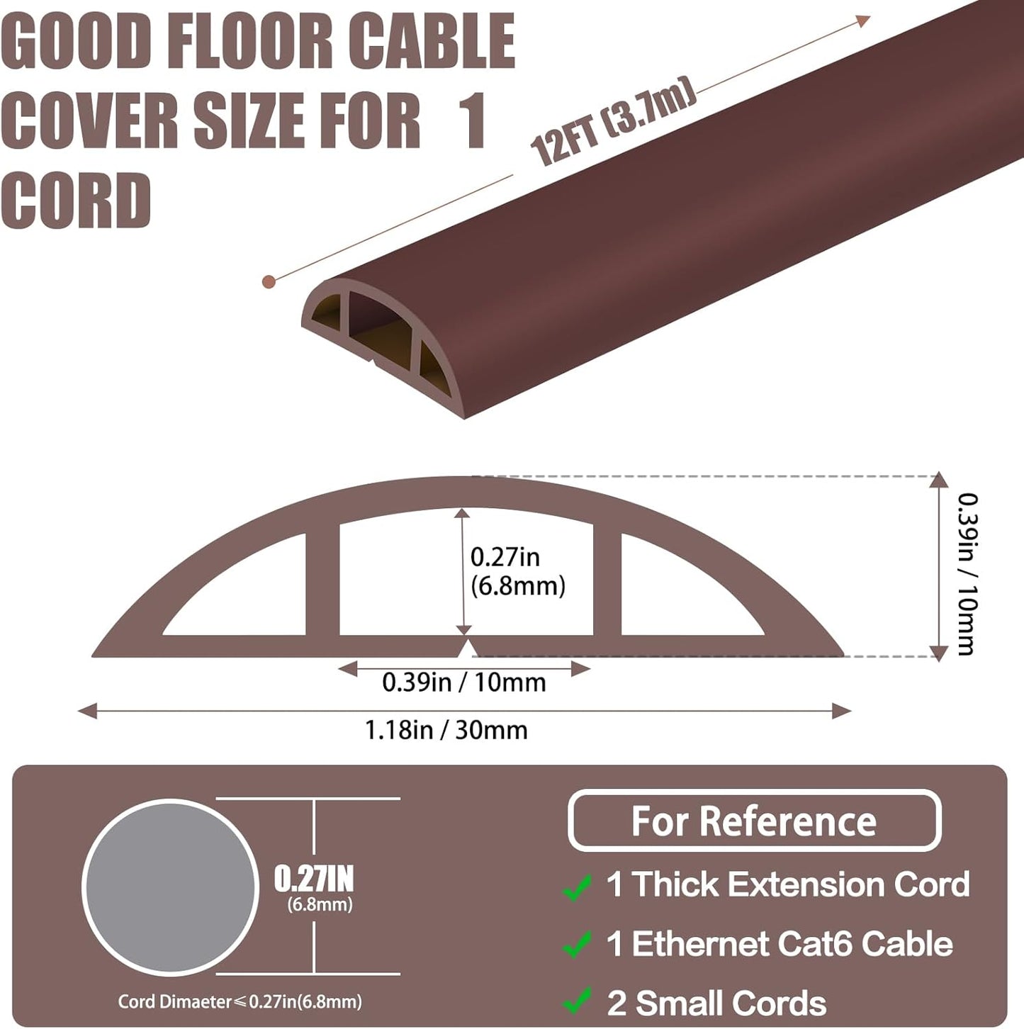 Floor Cord Covers for Wires 12FT Cable Hider Wire Cover Self Adhesive Cord Hider Floor for Offices, Homes, Workshops, Warehouses Cable Cavity 0.39" W x 0.27" H