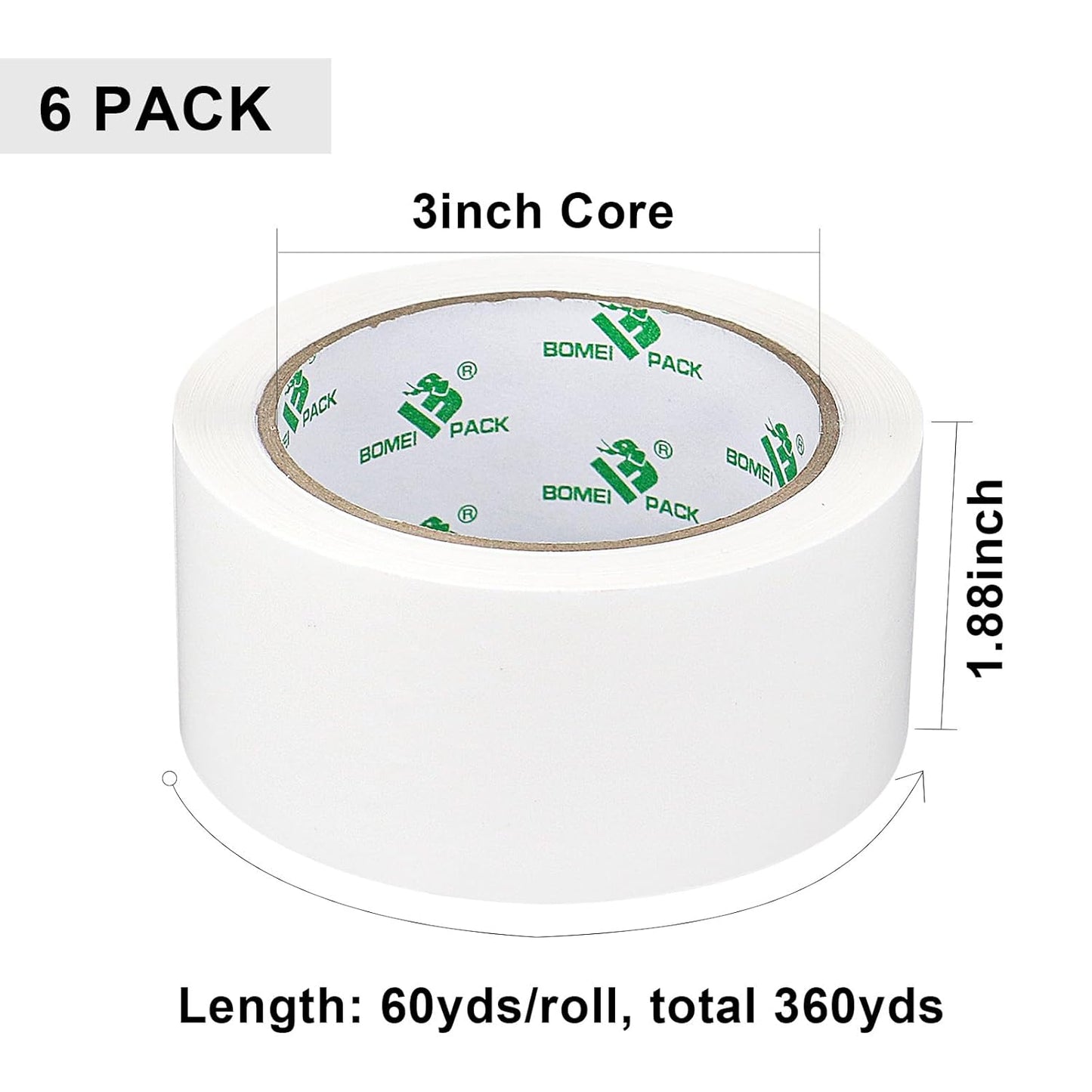 BOMEI PACK White Packing Tape with Dispenser, 2.4 Mil 1.88 Inch x 60 Yards, 6 Refills Rolls White Tape for Box Moving, Shipping and Packaging