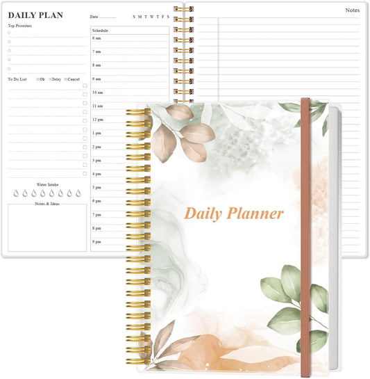 Daily Planner Undated - B5 To Do List Notebook Hourly Schedules, Spiral Appointment Planner for Women and Men, PVC Hardcover, Inner Pocket, Elastic Closure, 7" x 10", Rose Leaf