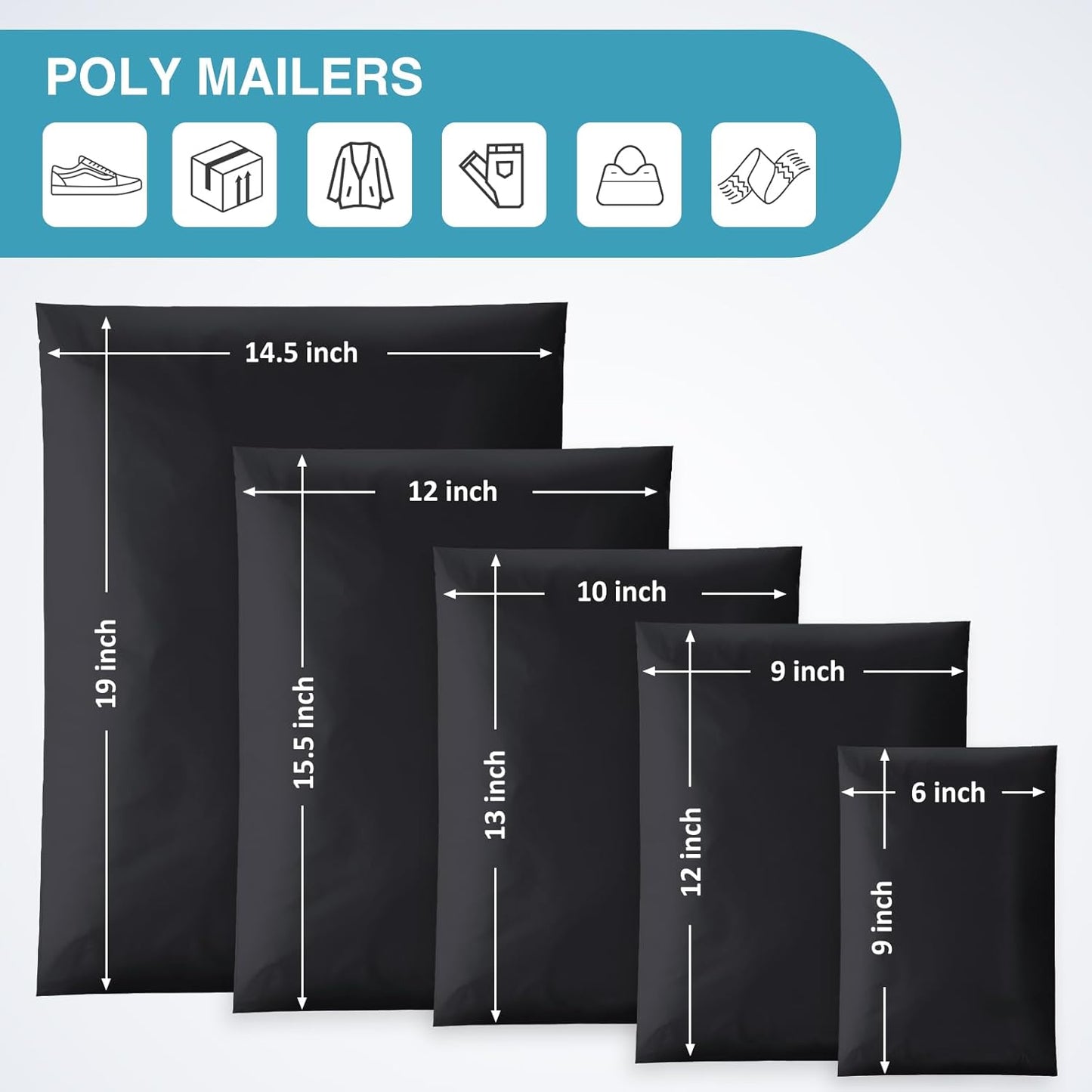 UCGOU 60 Pack Black Poly Mailers Variety Size Pack, 6x9 Inch & 9x12 Inch & 10x13 Inch & 12x15.5 Inch & 14.5x19 Inch, 12 PCS Each Bag, Self-sealing Adhesive Mailers Assorted Sizes for Small Business
