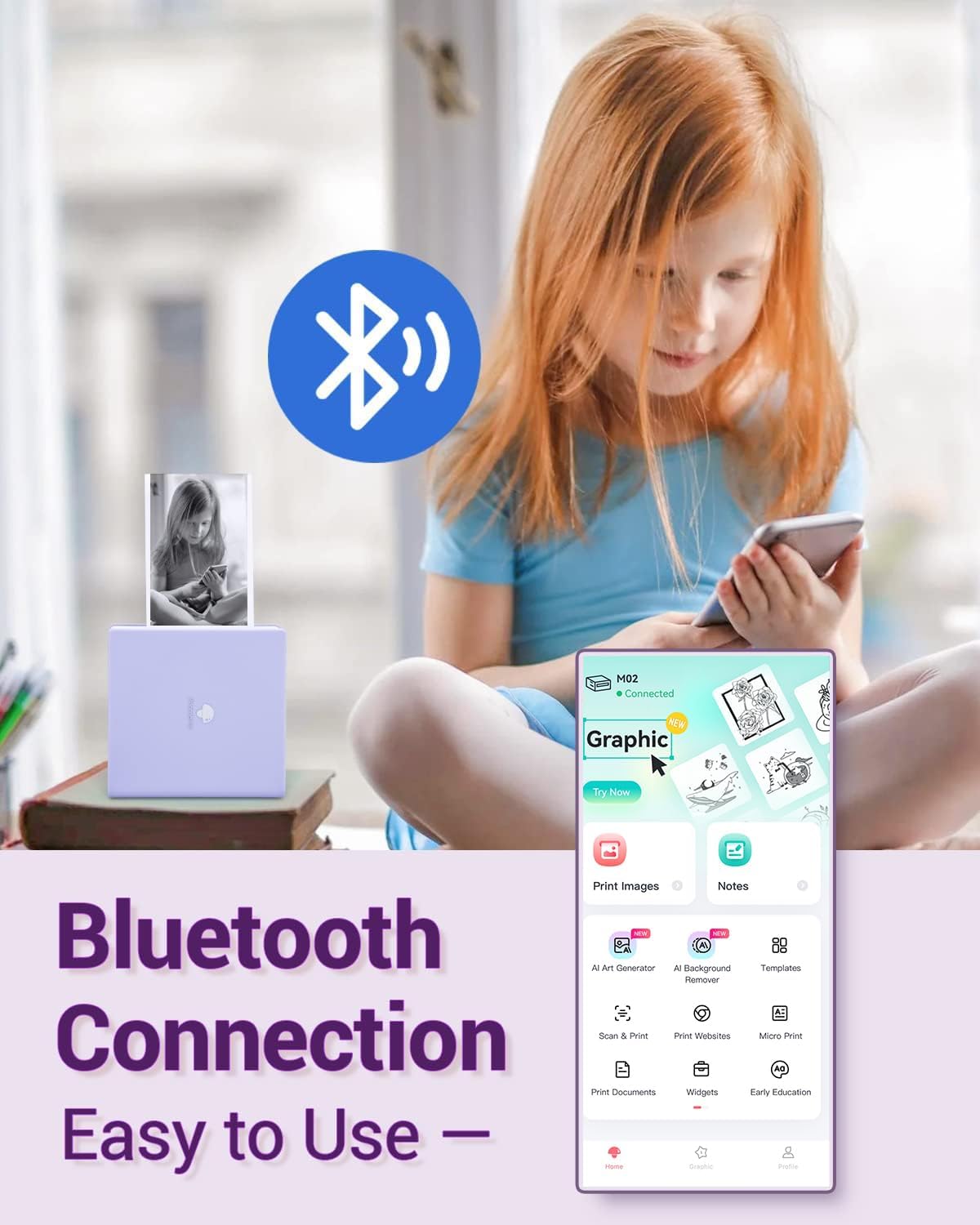 Phomemo Mini Sticker Printer- Mini Printer Sticker Maker Machine M02, Print Pods Suitable for Creative DIY, Diaries, Photos, Study Notes, Portable Thermal Inkless Label Maker for Home/Travel, Purple