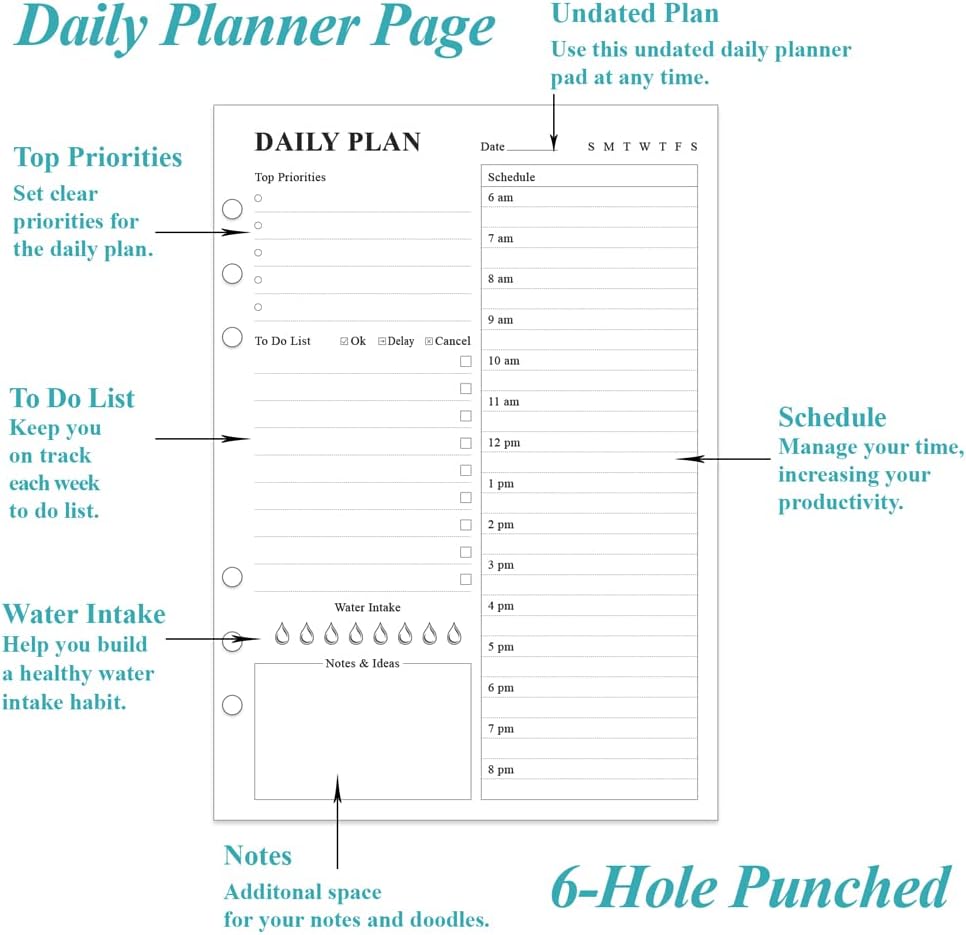 6-Hole Punched To Do List Insert - Undated Daily Planner Refill for A5 Binder,100 Sheets/200 Pages Planner and Lined Refill, 100 gsm White Paper, 5.8'' x 8.3''