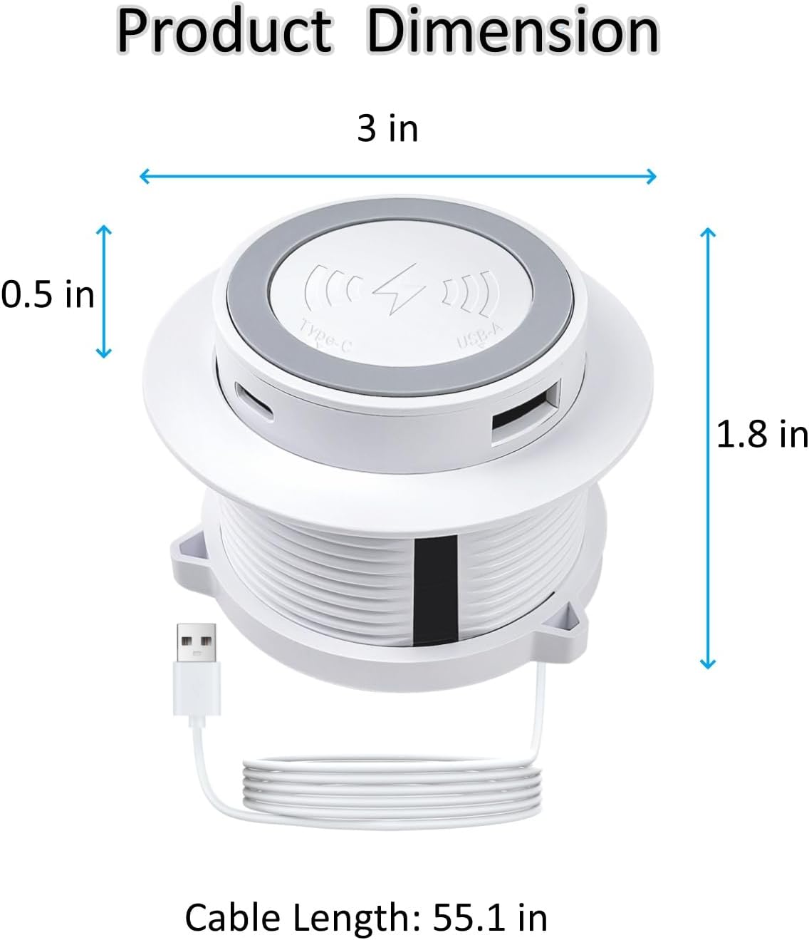 Desktop Charger, Pop up 15W Fast Retractable Desktop Charger, Invisible Charging Station with USB A and Type C Ports, Recessed Desktop Charging for Desk, Furniture - White (White)