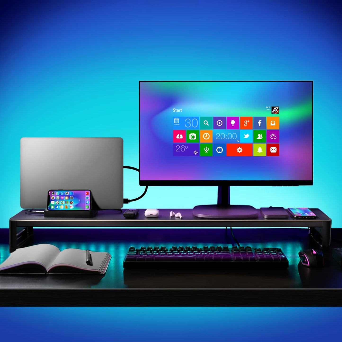 Dual Monitor Stand with Wireless Charging and 4 USB 3.0 Ports, Steel Monitor Stands for 2 Monitors, Metal Computer Stand Riser for Desk, Office, Laptop, PC up to 32 Inches (Black)