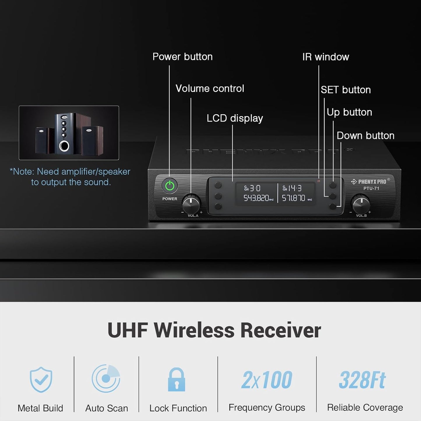 Phenyx Pro Dual UHF Wireless Microphone System，Auto-Scan Cordless Mic Set w/ 2x100 Frequencies, 2 Bodypacks & Headsets/Lapel Microphones for Speaking, Singing, Church, DJ (PTU-71-2B)