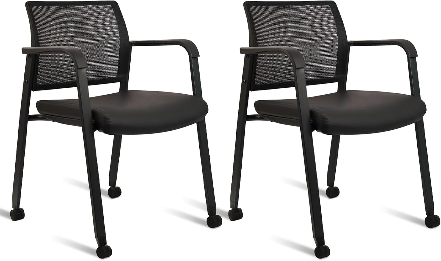 CLATINA Stacking Office Chair with Wheels, Mesh Back Waiting Room Guest Chairs with Arms Comfortable Leather Cushion Stackable Desk Chair for Conference Reception School Side Stationary, Black, 2PK