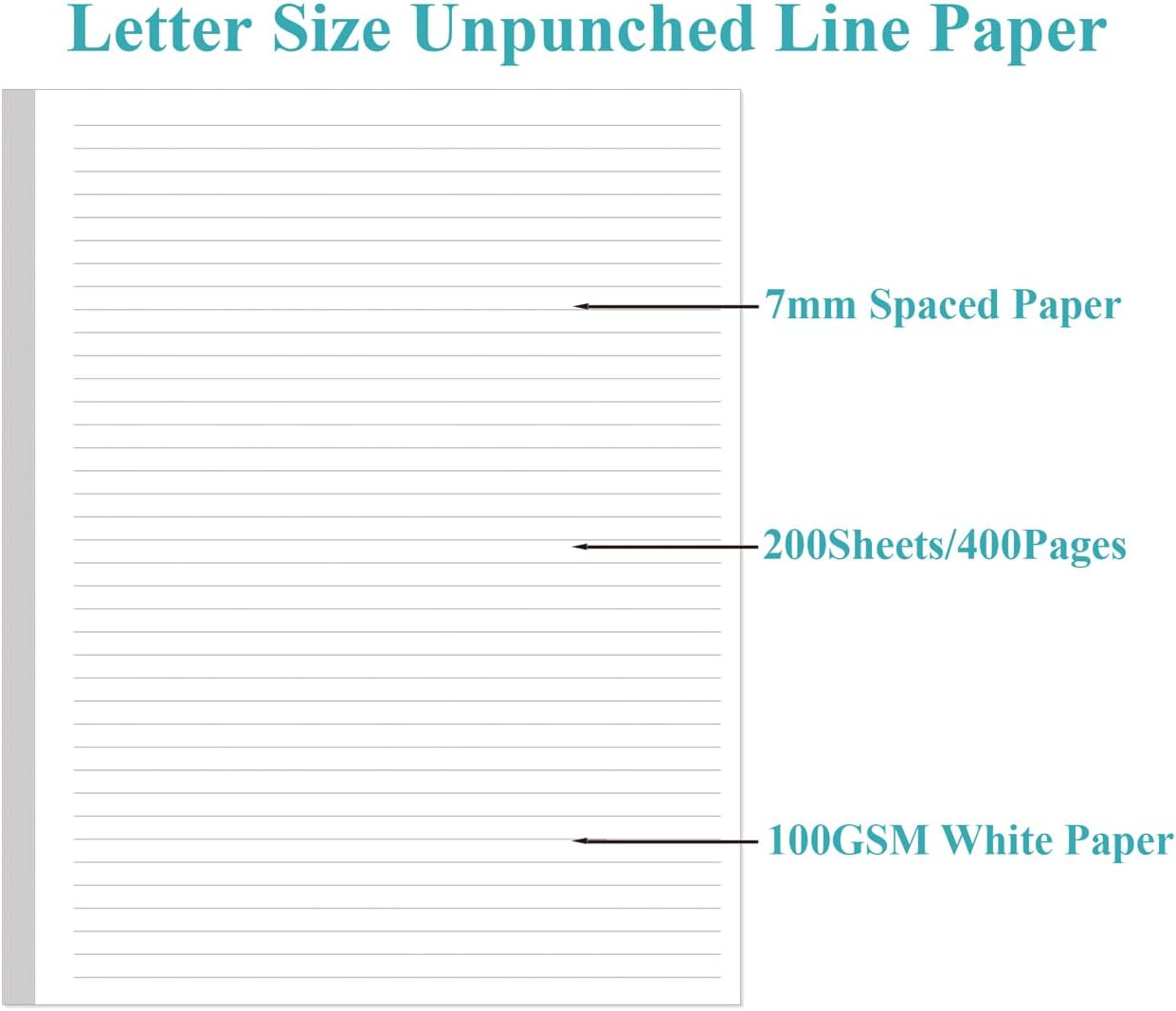 (2-Pack) Unpunched Line Paper - 200 Sheets/400 Pages Loose Leaf Paper Line Refills, Letter Size, 100gsm, White, 8.5" x 11"