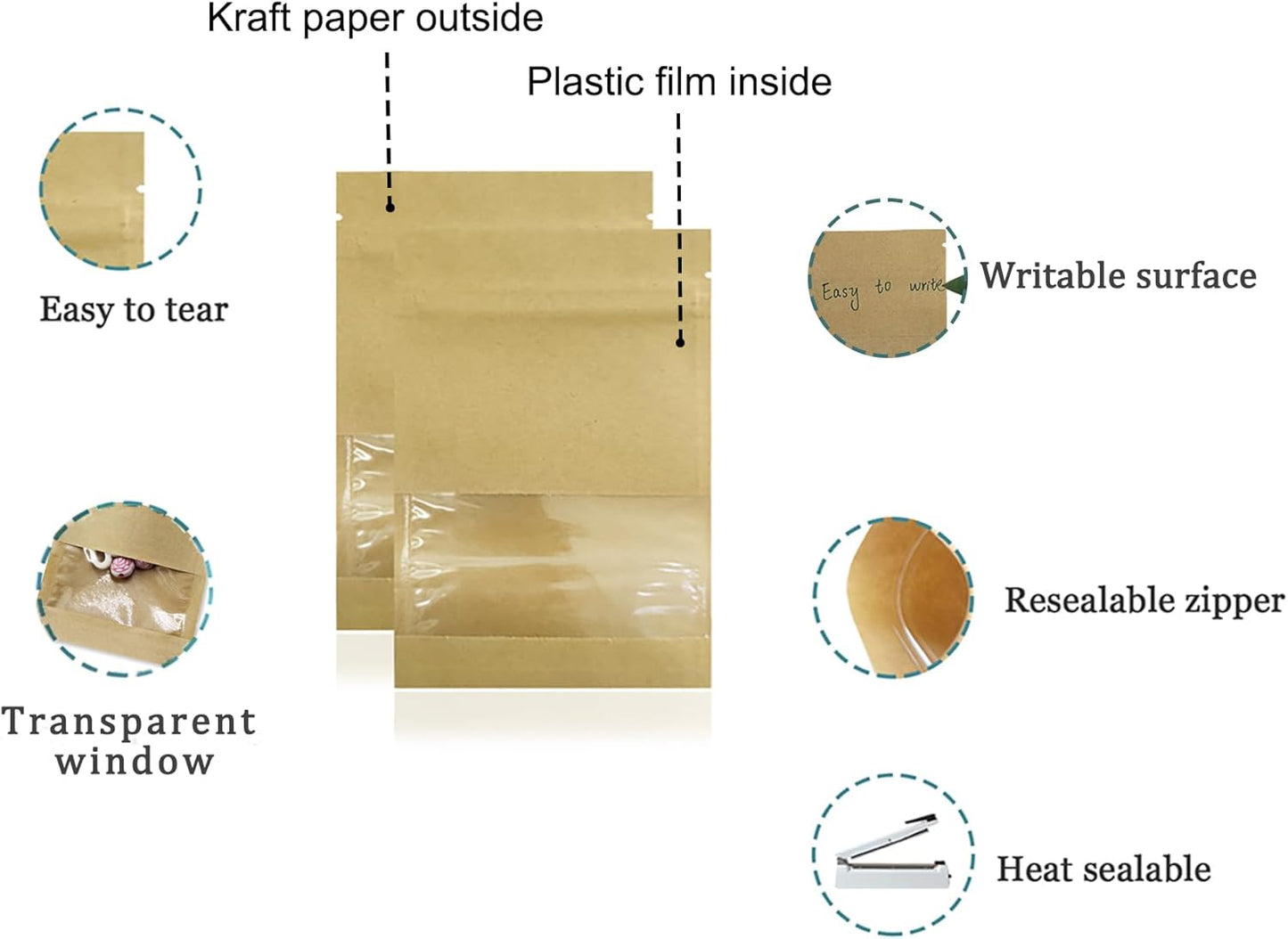 FERENLI 100 Pack 3.5x5.1 inch Small Resealable Seed Coin Envelopes Bags with Clear Window Brown Kraft Paper Heat Seal Packets for Flower Vegetable Seeds Storage Party Favor Pet Food Sample Bag