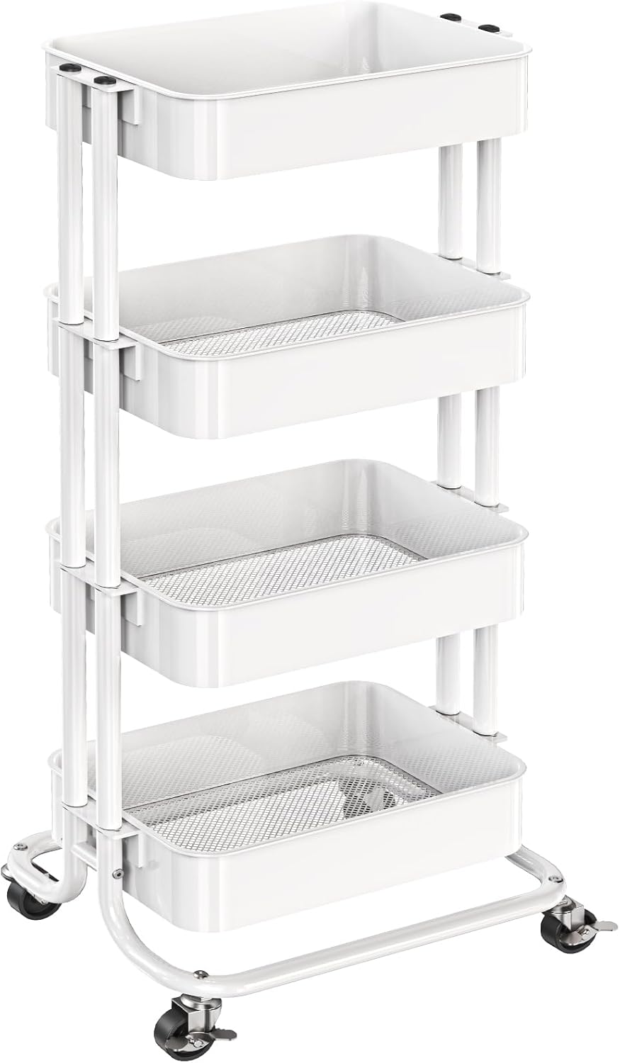 Pipishell 4 Tier Metal Rolling Utility Cart, Heavy-Duty Storage Rolling Cart with 2 Lockable Wheels, Multifunctional Mesh Organization Utility Cart for Kitchen Dining Room Living Room, PIUC13W