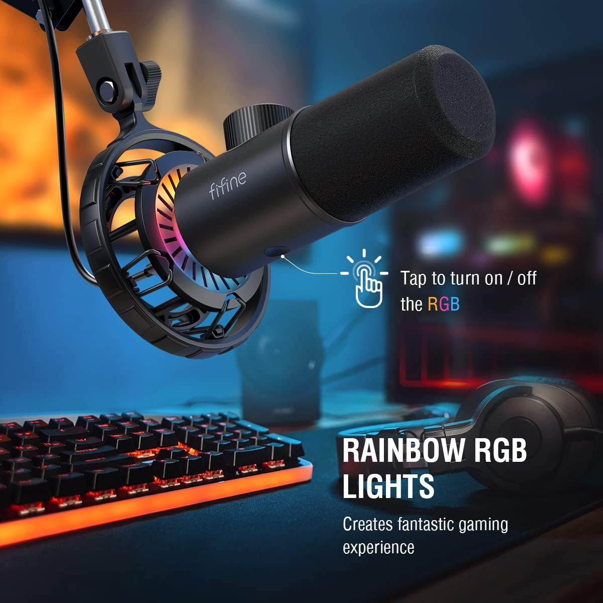 FIFINE USB Gaming Microphone, RGB Dynamic Mic for PC, with Tap-to-Mute Button, Plug & Play Cardioid Mic with Headphone Jack for Streaming, Podcast, Twitch, YouTube, Discord- K658