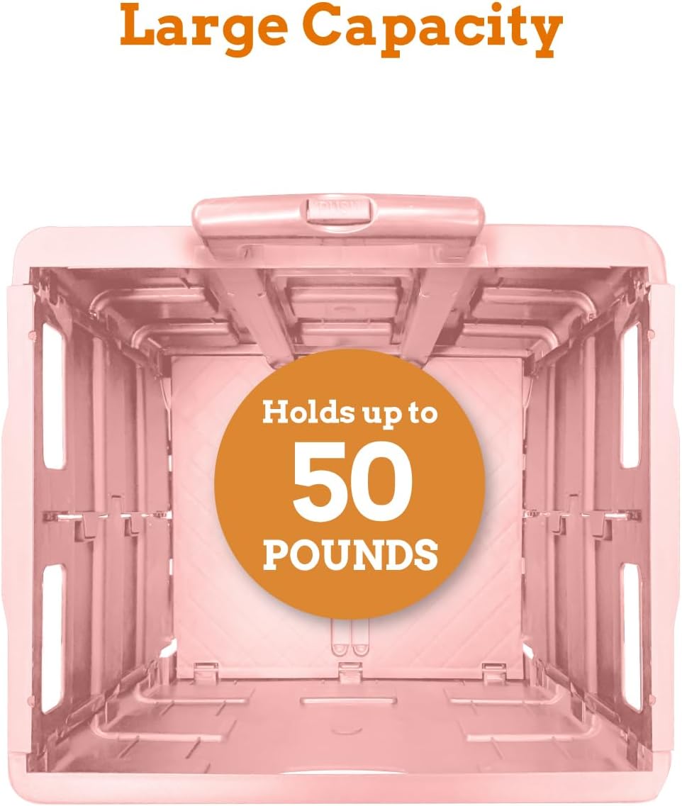 Inspired Living Ultra-Slim Rolling Collapsible Storage Pack-N-Roll Utility-carts, with Telescopic Handle, for Home, Garden, Shopping, Office, School use, Medium, Raspberry Pink