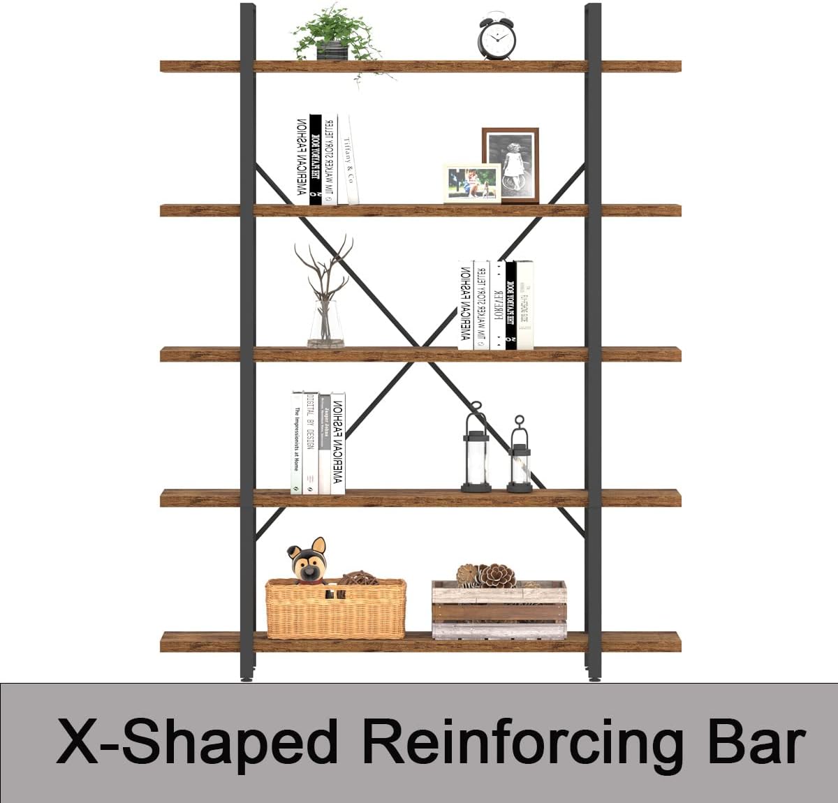 HSH Rustic Bookcases and Book Shelves 5 Shelf, Metal Wood 5 Tier Bookshelf and Storage Book Rack, Vintage Large Book Shelf for Bedroom Living Room Office,Open Vertical Display Etagere Book Case, Brown