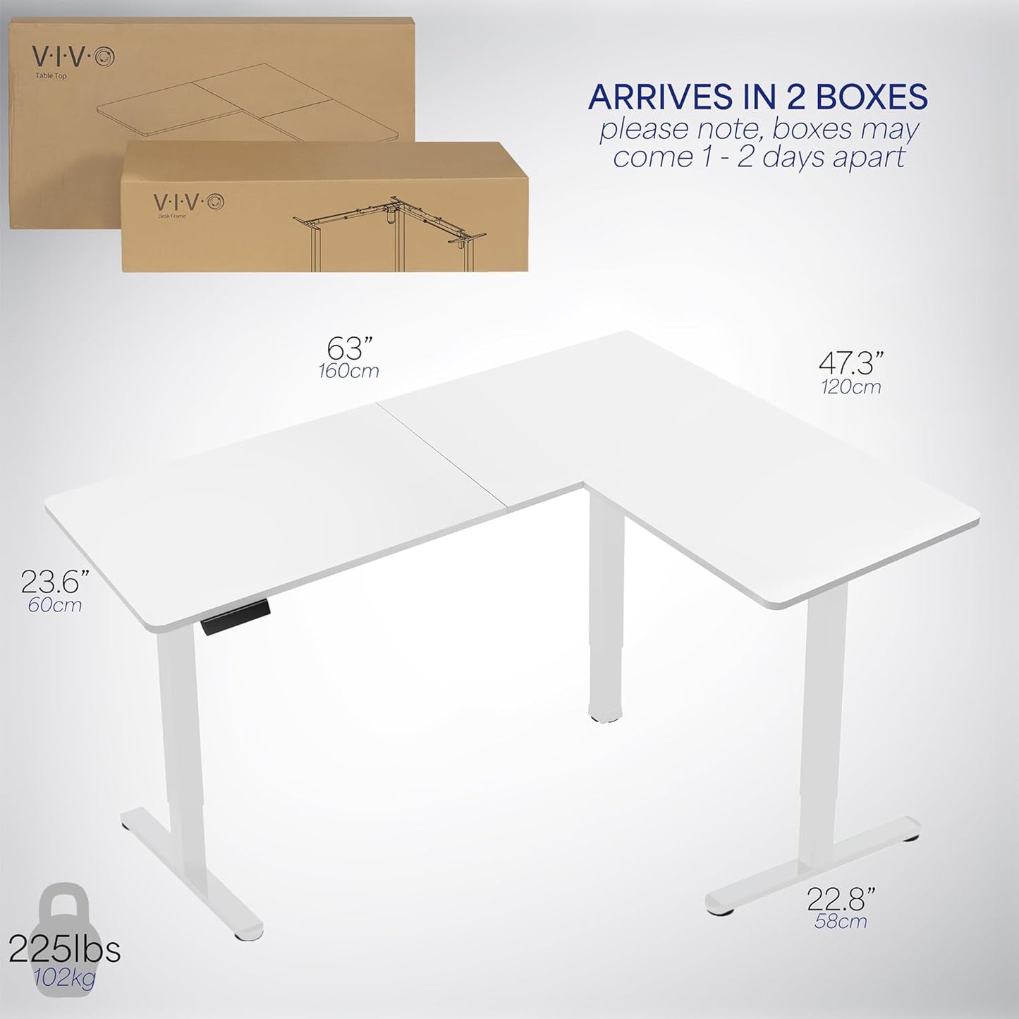 VIVO Electric Corner L-Shaped 63 x 47 in Standing Desk, Memory Height Adjustment, White Top White Frame, DESK-E3CTW-47