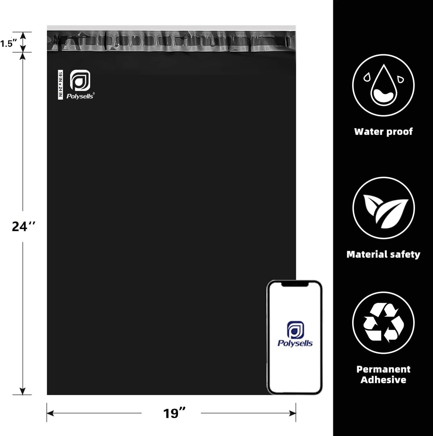 POLYSELLS 50 pcs 19x24 Inches Black Poly Mailers Shipping Envelopes, Strong Adhesive Sealing, Waterproof, and Tear-resistant Postal Mailing Bags for Clothing, Books, and Accessories