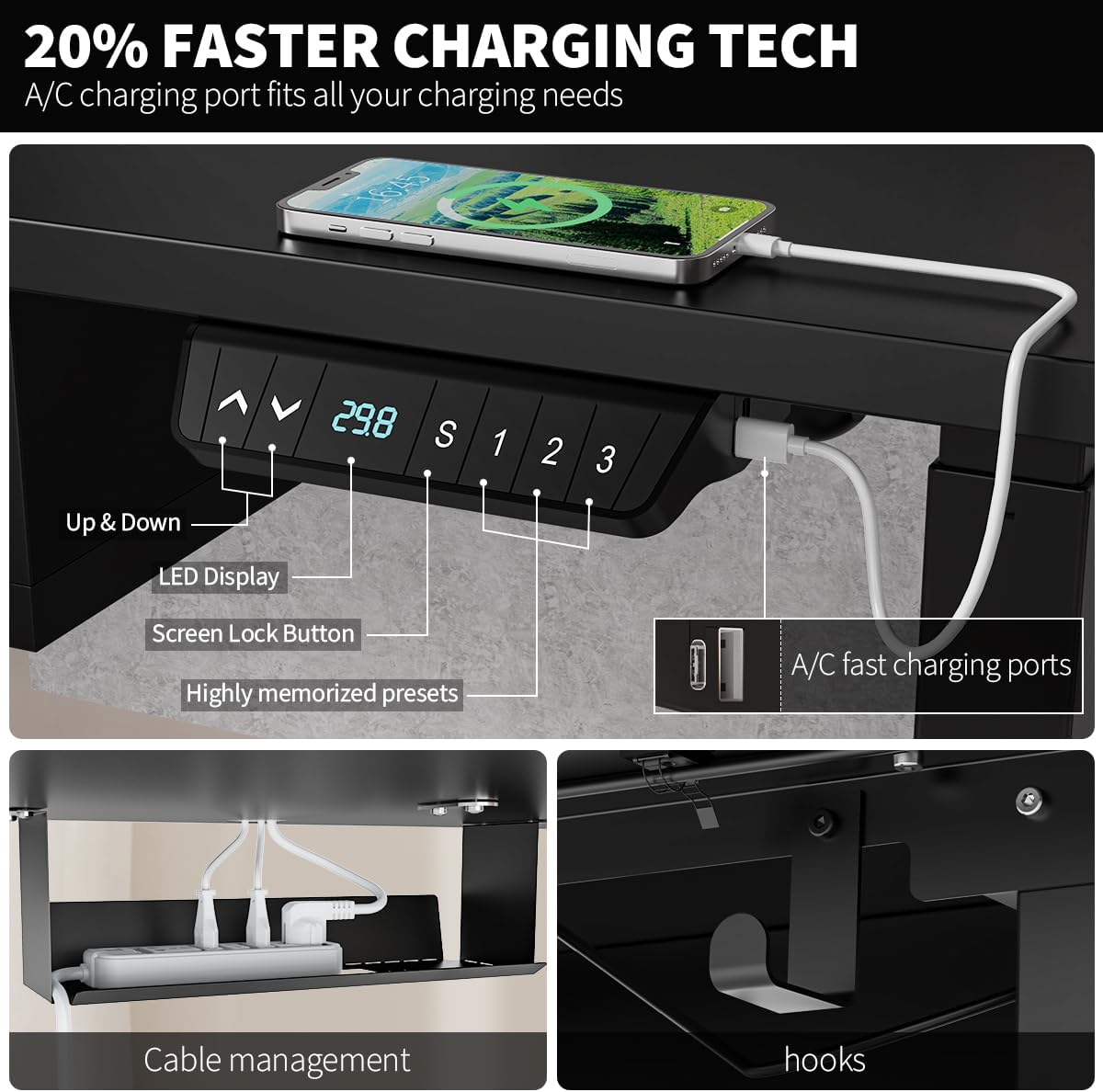 Standing Desk with Fast Charging USB Ports, 63" x 30" Height Adjustable Home Office & Gaming Desk, Sit Stand Desk with Built-in Storage Shelf, Hook & Ergonomic Design(Classic Black)